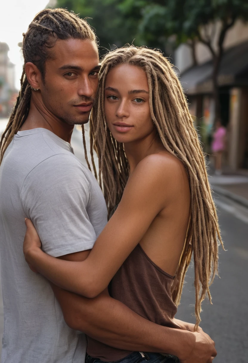Supermodel, Brazilian, tanned, brown eyes, full body shot, long dark blonde hair, beautiful , natural beauty, no makeup, model, 4K, realistic, natural, textured skin, freckles on nose, standing on sidewalk hugging a hot dark tanned man with dreadlocks.