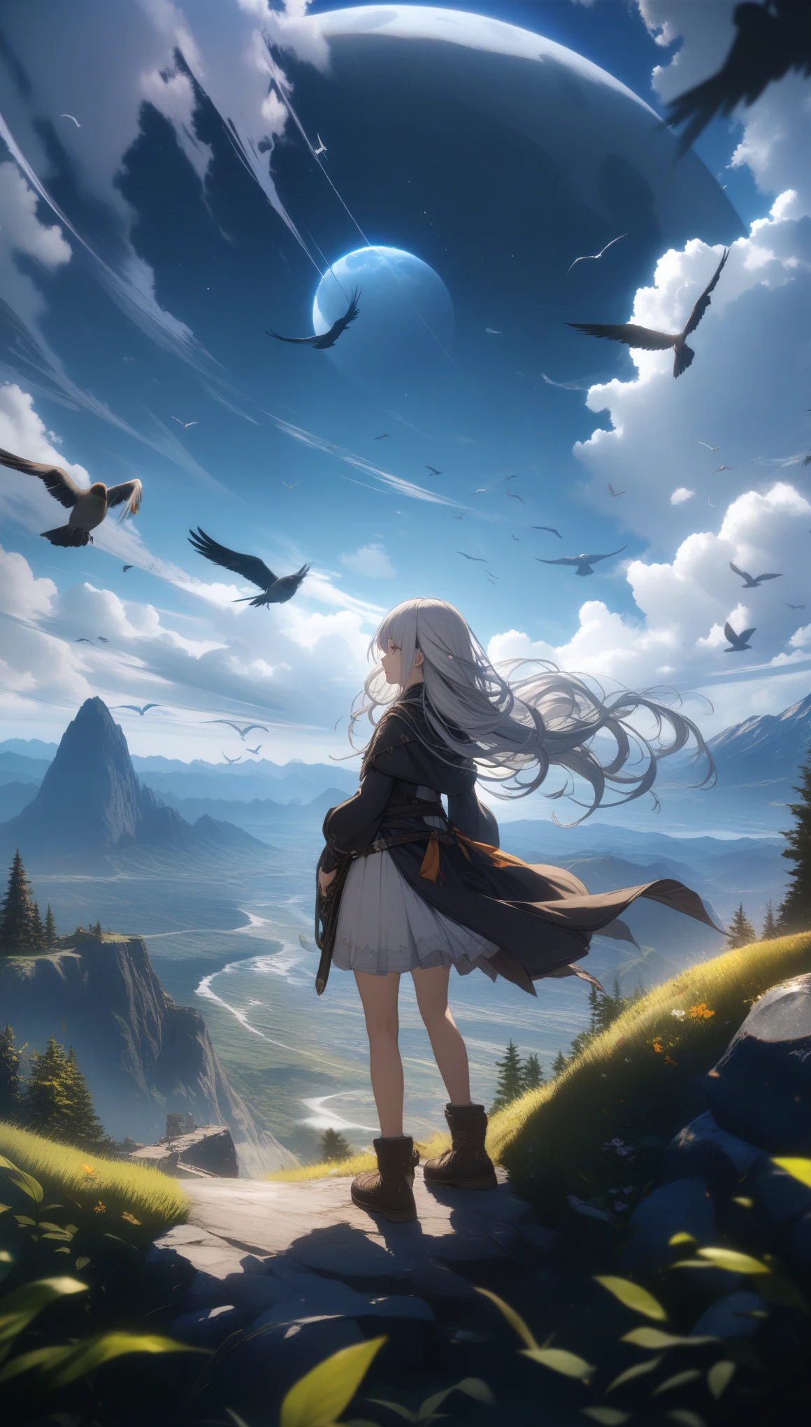 32k, best quality, ultra high res, HDR, UHD, extremely detailed CG, unity 32k wallpaper, highest quality, Very detailed, masterpiece, Super detailed, cloud, witch_Have, Have, 1 Girl, null, green_null,Day, length_hair, cloudy_null, moon,bird, alone, Silver_hair, witch, Outdoor,