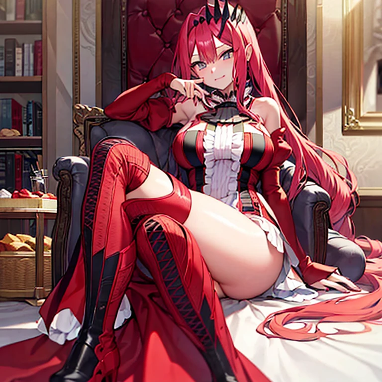 ((highest quality)),masterpiece, One woman, chest, solo, Long Hair, ((Red eyes,Slit eyes,sharp eyes)),tall,View your viewers (ridicule,smile,Joyful,Pleasure),Fair skin,  Red dress,Black tiara,Sitting in a big chair,Crossing your legs,Drawing picture,