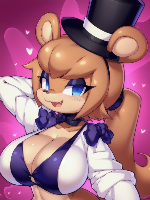 (by Kaeritai07,by Kajinchu ,by Jinu,by Dizzymilky),(hi res),(best quality),(masterpiece), BREAK solo,fredina,top hat,ponytail,larger anthro, mammal, fredina's nightclub, blue eyes,BREAK ,dark room,pose