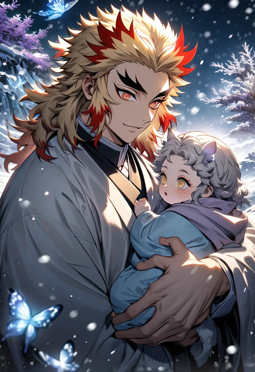Ultra detailed, highres, absurdres, HDR, Rengoku Kyojuro, blond hair, golden eyes, Kimetsu No Yaiba, purple leaves, snowflakes, snowing, ice, winter, 1 man, handsome, butterflies, holding a baby