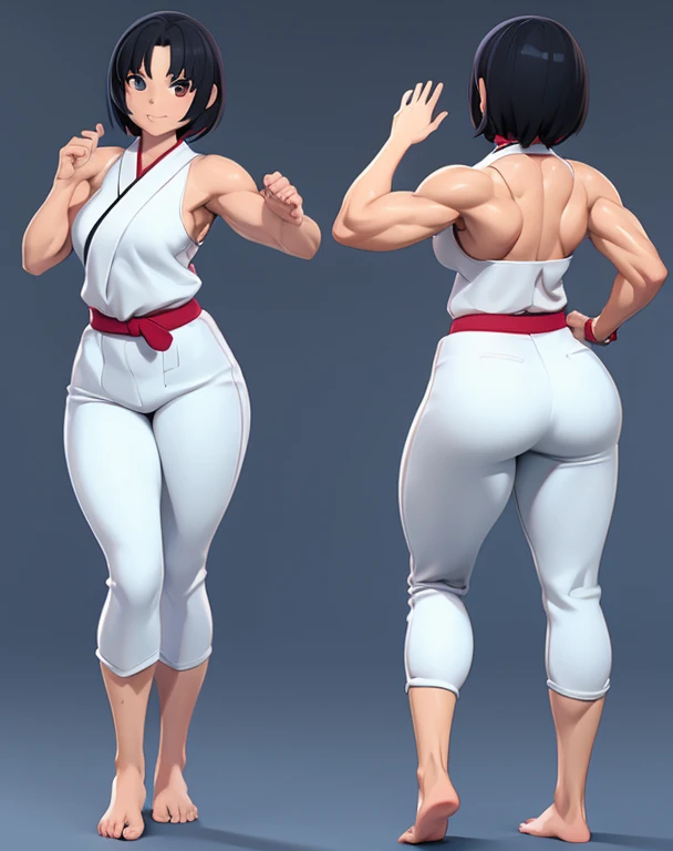 Anime woman, skimpy clothes, slightly muscular, front and back, big ass, small waist, curvy, 3d rendering, white karate outfit, black hair, barefoot, feet visible 