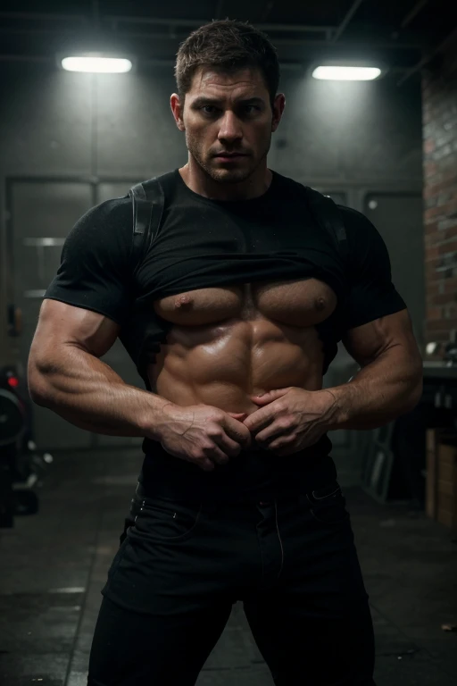 (best quality,ultra-detailed)(character: Chris redfield from resident evil),(explicit),masturbation,detailed muscles,ripped physique,serious expression,handsome face,bulging biceps,tattoos on his arms,muscle definition,piercing blue eyes,stubble on his jawline,tough and masculine appearance,perfectly styled short hair,military uniform, big cock, (realistic),intense focus,action-oriented pose,dynamic lighting,hard shadows,dark atmospheric setting,red and black color scheme,muscle tones and textures,powerful and confident stance,masterpiece:1.2