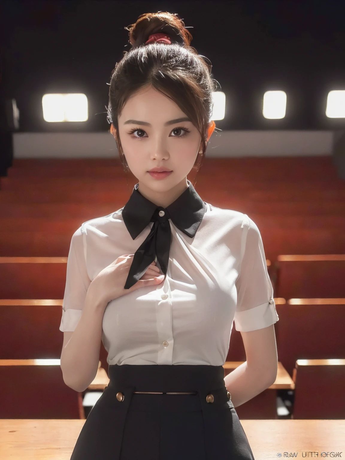 (8K,RAW Photos,highest quality,masterpiece:1.9),(Watching the audience:1.8)Erotic,Huge breasts,Very small waist,very thin legs,A dreamy look,curby body,(Her white blouse is all buttoned up:1.8),(Black tight skirt:1.8),(The background is the office:1.7)