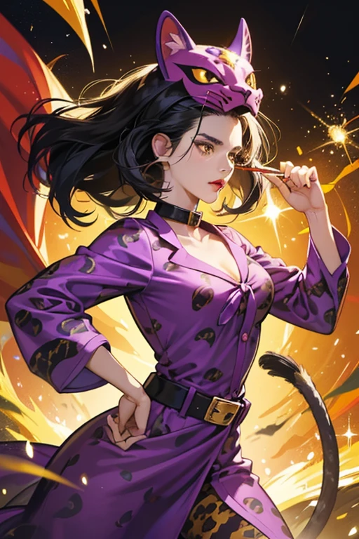 She is a human with black hair and a mustache. She usually covers her face with a yellow catfish mask. She wears a purple costume with an orange leopard print pattern on the collar, belt, and sleeves. She has red lips and does not have any superpowers, but she uses a magic whip as a weapon to attack and tie up superheroes. SPARKLE; GLITTER