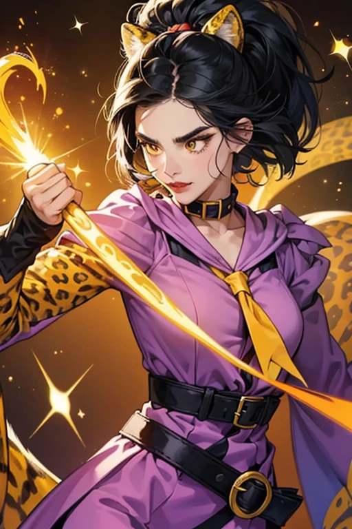 She is a human with black hair and a mustache. She usually covers her face with a yellow catfish mask. She wears a purple costume with an orange leopard print pattern on the collar, belt, and sleeves. She has red lips and does not have any superpowers, but she uses a magic whip as a weapon to attack and tie up superheroes. SPARKLE; GLITTER