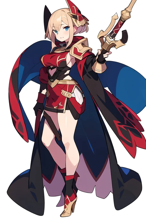 stand posture, cute eyes, adult woman,, solo, high fantasy outfits, ((white background)), full body, holding weapon,