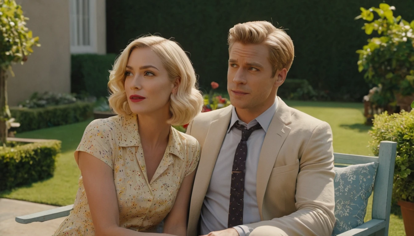 a blonde and sensual woman, elegantly dressed, is sitting in a well-lit living room, talking to a neighbor who is having a cup of tea. The woman remains the same in all images, with a friendly and charming expression. In each image, the neighbor is different: in the first, he is young and athletic; on Monday, he is a middle-aged man with a beard; in the third, he is a nice old man; and on Wednesday, he is a man with glasses and a more formal style. The room has a cozy decor, with classic furniture and soft lighting that creates an inviting and peaceful atmosphere