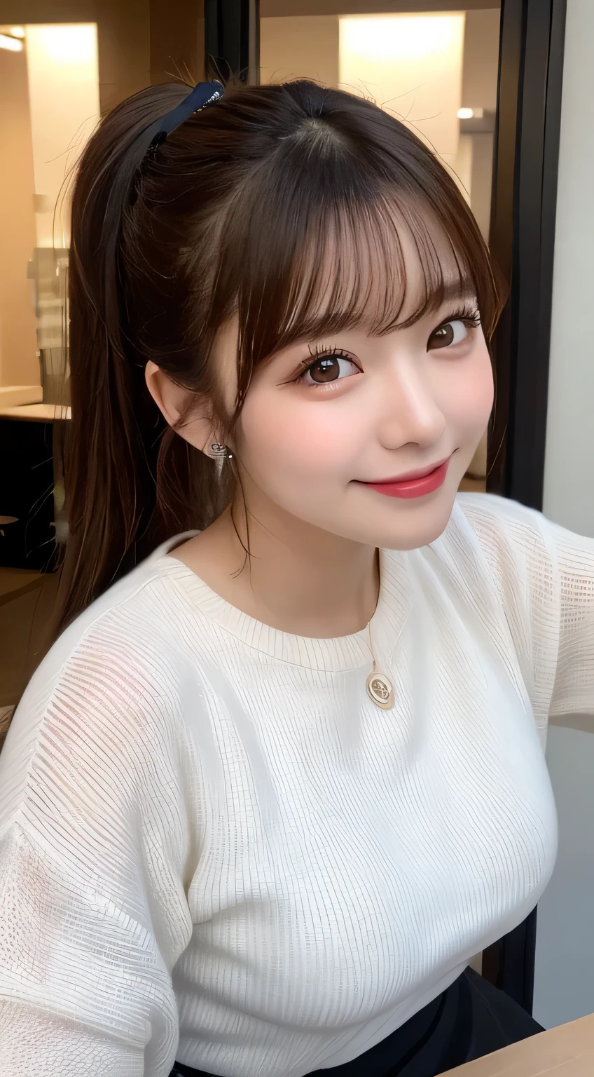 Tabletop, highest quality, Very detailed, In detail, High resolution, 8k wallpaper,Japanese、 Perfect dynamic composition, Beautiful fine details, Autumn fashion for women,ponytail,Big ample breasts、Natural color lip, bold sexy pose,smile,Harajuku、20-year-old girl、cute、sexy shot looking at camera