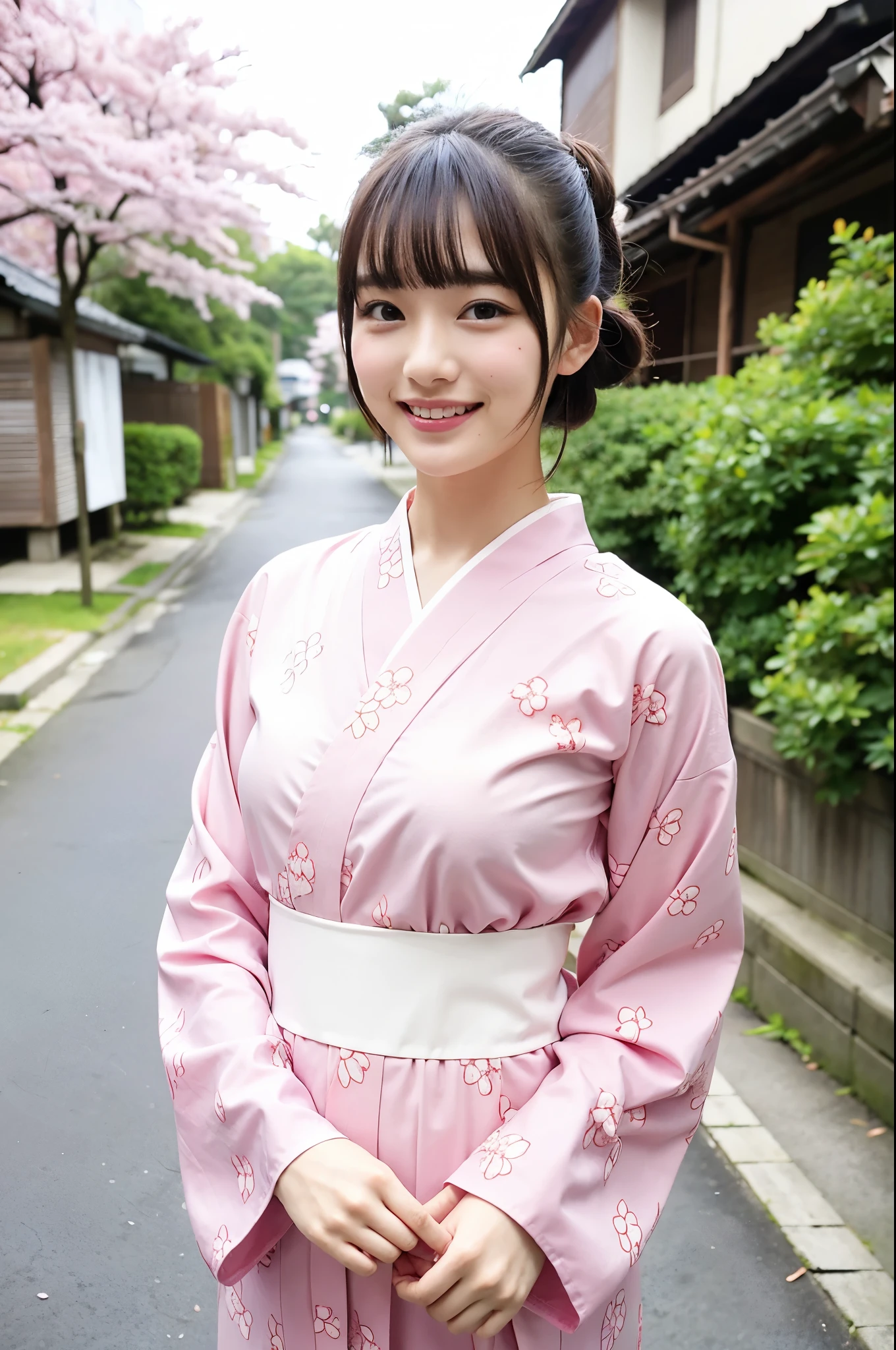 girl in old-Japanese cherry blossom street,long-sleeved floral yukata,pale pink obi,18-year-old,bangs,a little smile,thighs,knees,short hair and low ponytails with barrette with flower brooch,from below,front light