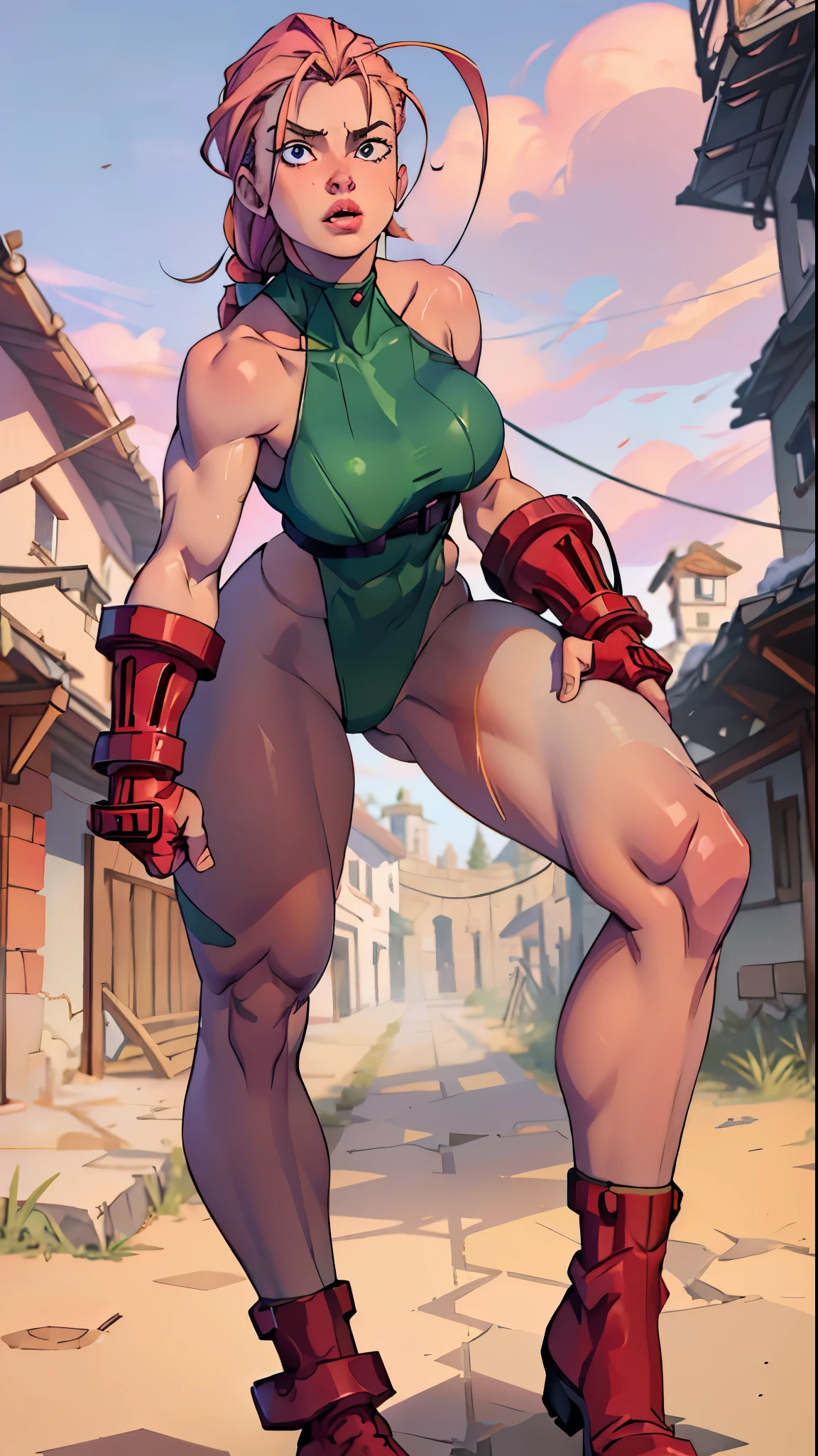 4k, realistic, charismatic, very detailed, there is a girl(, big breasts),pink theme, full body, on kneews looking up with toungue out, 4k, high detail. masterpiece, best quality, spring outfit, colorful hair, outdoor, magazine cover ,whole body, ((Cammy)) Cammy of street fighter. good hands, big breast, sweat skin, cammy white, EnvyBetterHands LoCon.