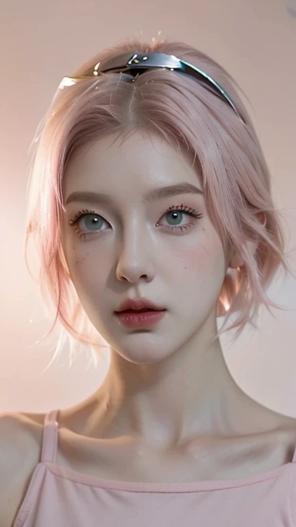 young woman, short shoulder-length pink hair, wide forehead, porcelain skin, pink eyebrows, big emerald green eyes, buttoned nose, full lips, heart-shaped face, slender body, small breasts, red tank top, Sakura Haruno , realistic, realism, details, 3d, well detailed
