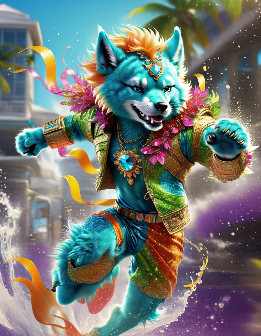 Imaginative illustration of a furry character, boasting tropical themed colours. This anthropomorphic figure is inspired by the concept of sparkledogs – vibrant, flamboyant, and riddled with dazzling accessories. They stand prominently with an expressive face, their luxurious fur shimmering and soaking up the warmth of an unseen sunshine. They are colored with splashes of neon green, intense turquoise, and bright coral, embodying the vibrant energy of a tropical paradise. Small glitter-like sparkles are scattered across their fur, hinting at the sparkle from the sun reflecting off the ocean's waves. Their paws gently hold a fresh coconut, further reinforcing the tropical theme.