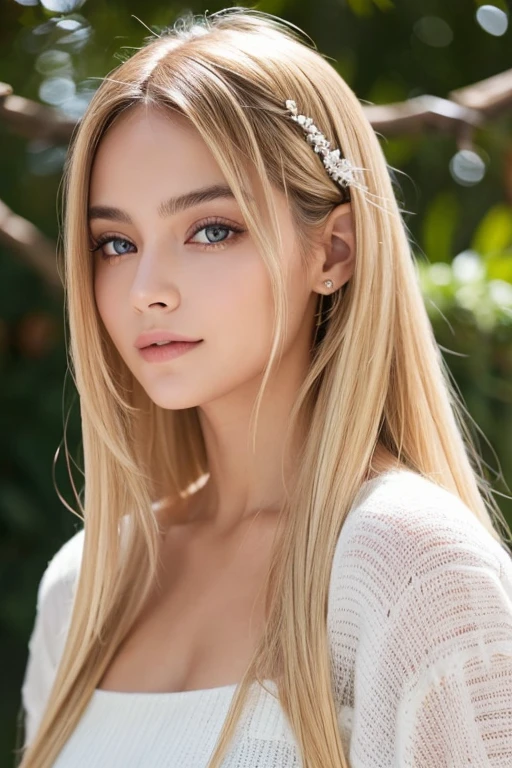 Authentic photo quality、cara muy linda、Extraordinaria belleza sexy、beautiful calm and bright expression、Aspecto refrescante y sexy.、Flequillo largo que cae sobre una cara linda y hermosa perfecta.、super long blonde hair, liso y sedoso que brilla intensamente.、hermoso rostro y cabello rubio、muy linda hermosa mujer joven sexy、Cara linda muy perfecta y hermosa.、Hermosos ojos azul cielo brillantes、ojos muy grandes、cabello dorado muy grande encima de un ojo、rubia entre los ojos、Piel blanca muy radiante、Teca Brillo、delineador de ojos、a small smile、piel brillante