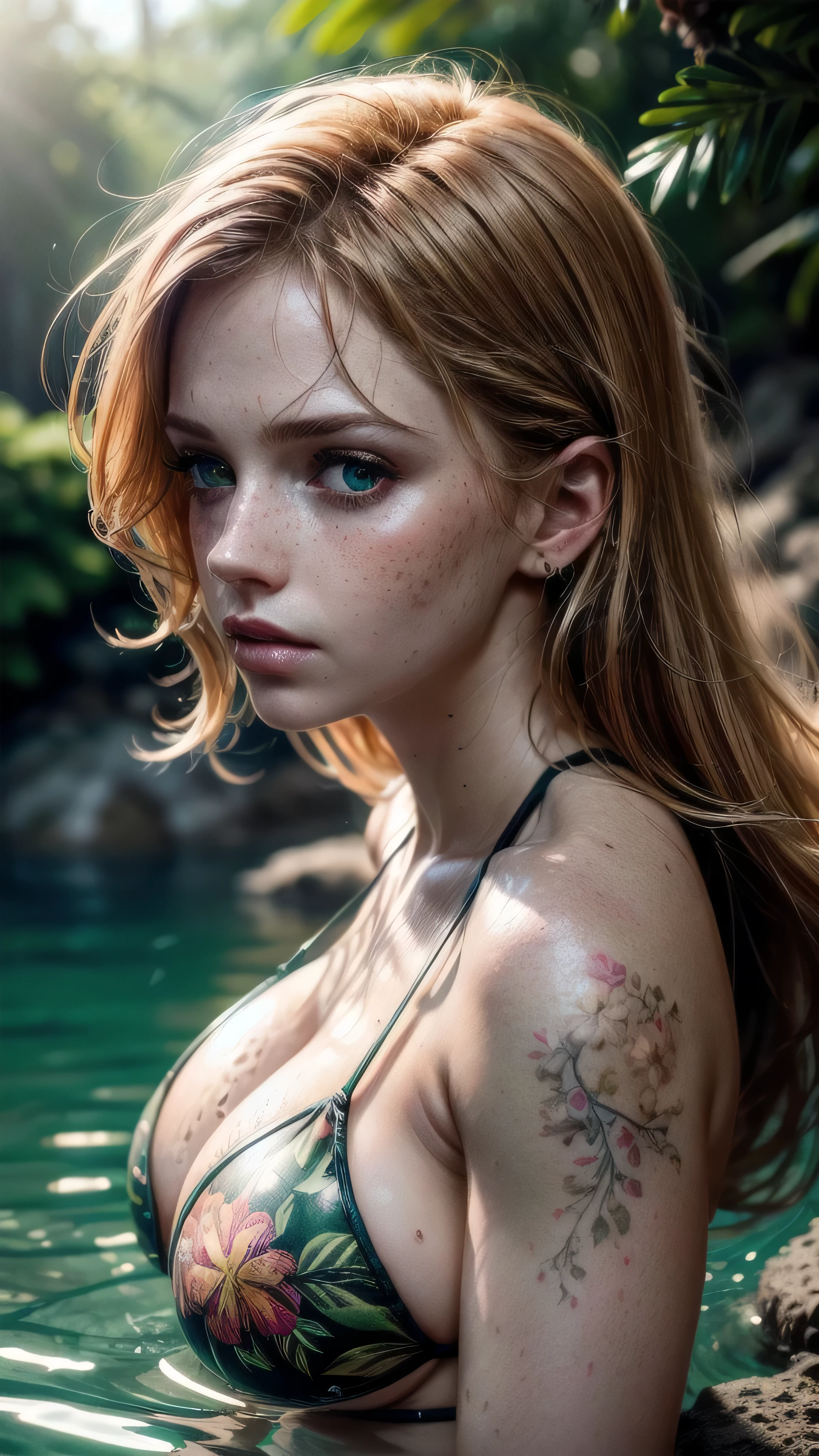 (masterpiece), (extremely intricate:1.3), (realistic), female woman, (([small breasts:large breasts:0.2], flowerprint bikini top, submerged lagoon, (closeup portrait), blowing wind [bright ginger hair:blonde hair:0.7]), cleft chin, strong jaw, freckles:0.8, tattoo:1.2, green eyes), metal reflections, outdoor, forest, intense sunlight, far away waterfall, god rays, professional photograph of a stunning woman detailed, sharp focus, dramatic, award winning, cinematic lighting, volumetrics dtx, (ray tracing effects, visual allure, bokeh, depth of field, interaction), 8K