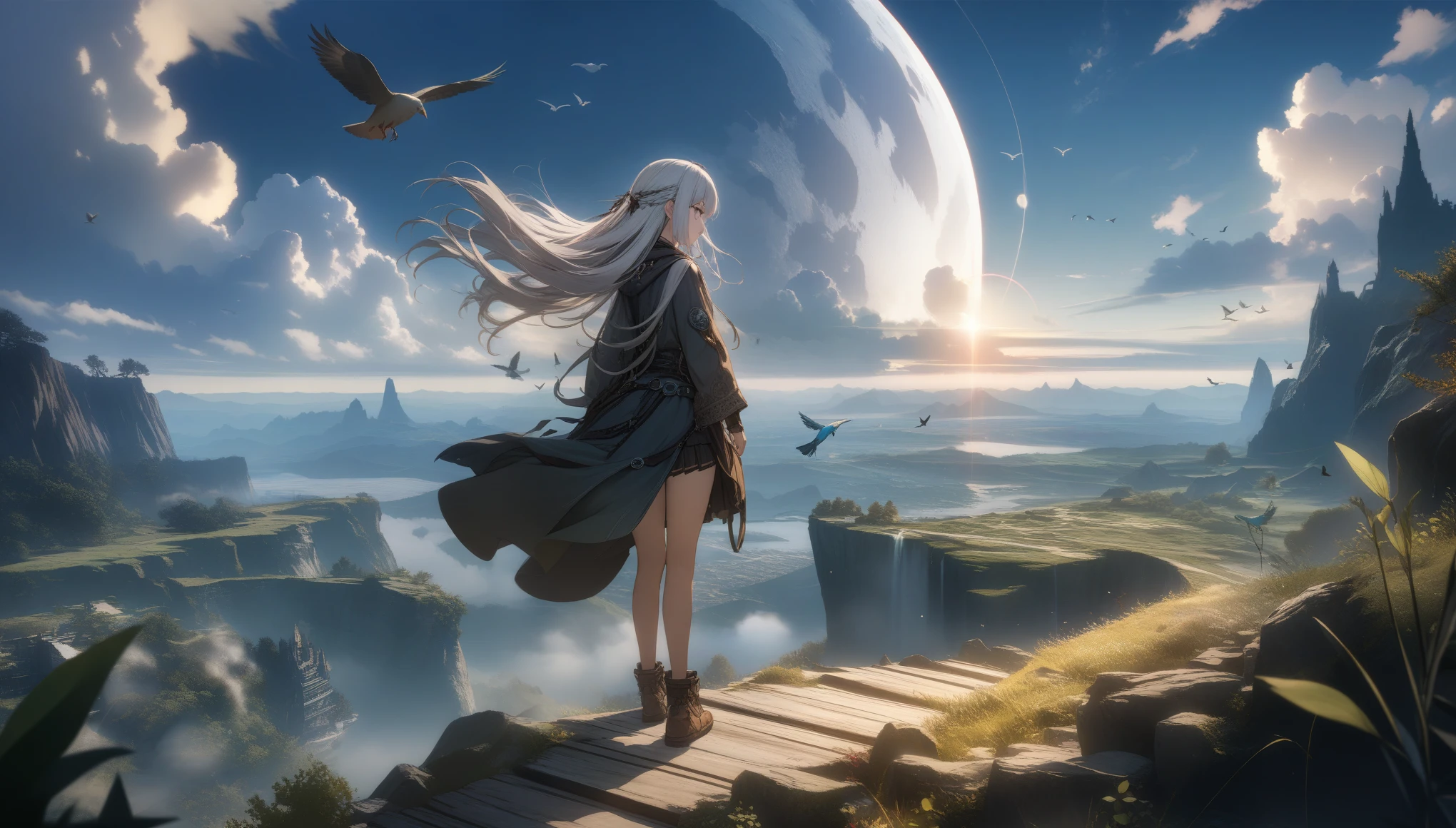 32k, best quality, ultra high res, HDR, UHD, extremely detailed CG, unity 32k wallpaper, highest quality, Very detailed, masterpiece, Super detailed, cloud, witch_Have, Have, 1 Girl, null, green_null,Day, length_hair, cloudy_null, moon,bird, alone, Silver_hair, witch, Outdoor,  
