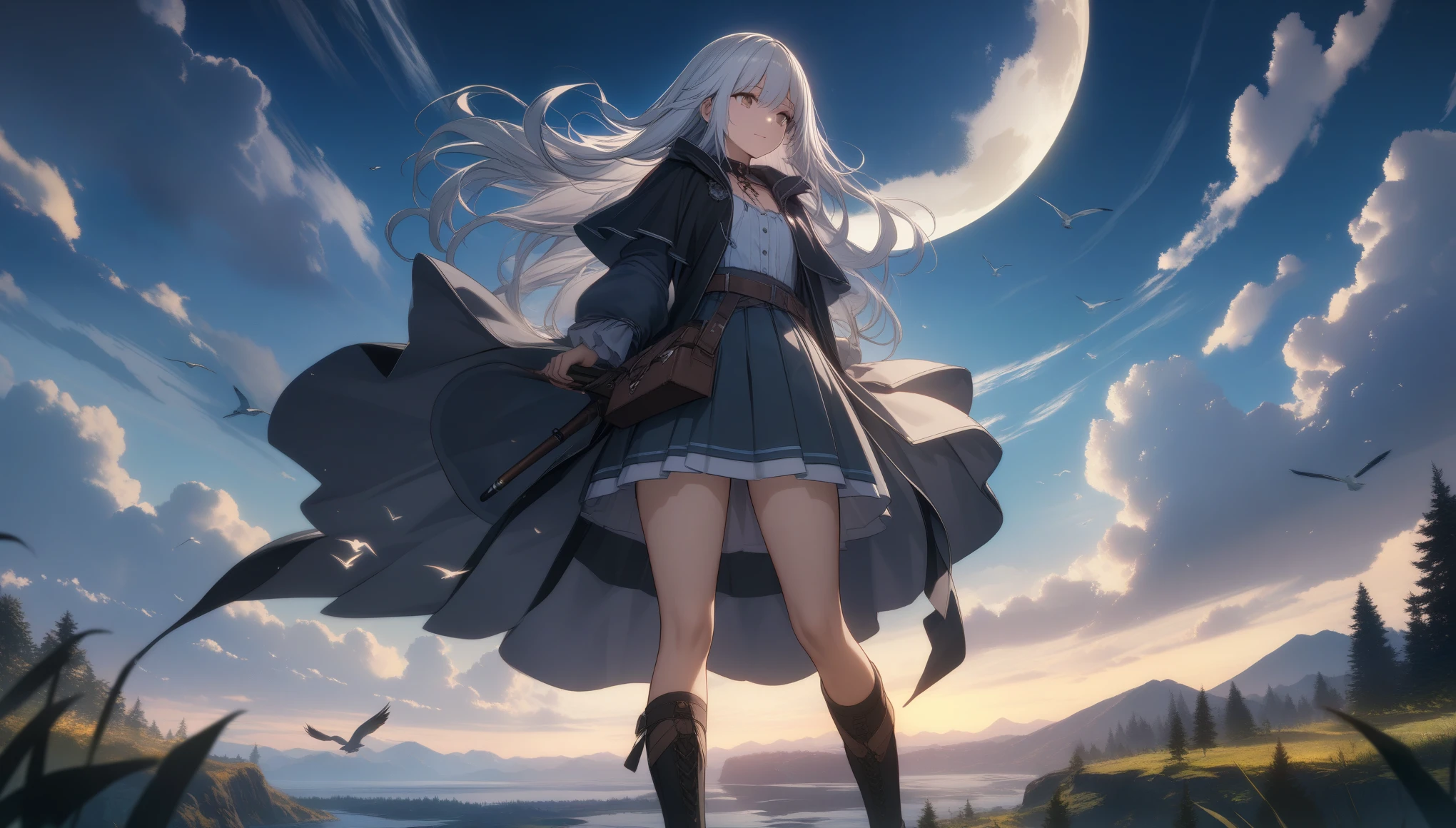 32k, best quality, ultra high res, HDR, UHD, extremely detailed CG, unity 32k wallpaper, highest quality, Very detailed, masterpiece, Super detailed, cloud, witch_Have, Have, 1 Girl, null, green_null,Day, length_hair, cloudy_null, moon,bird, alone, Silver_hair, witch, Outdoor,