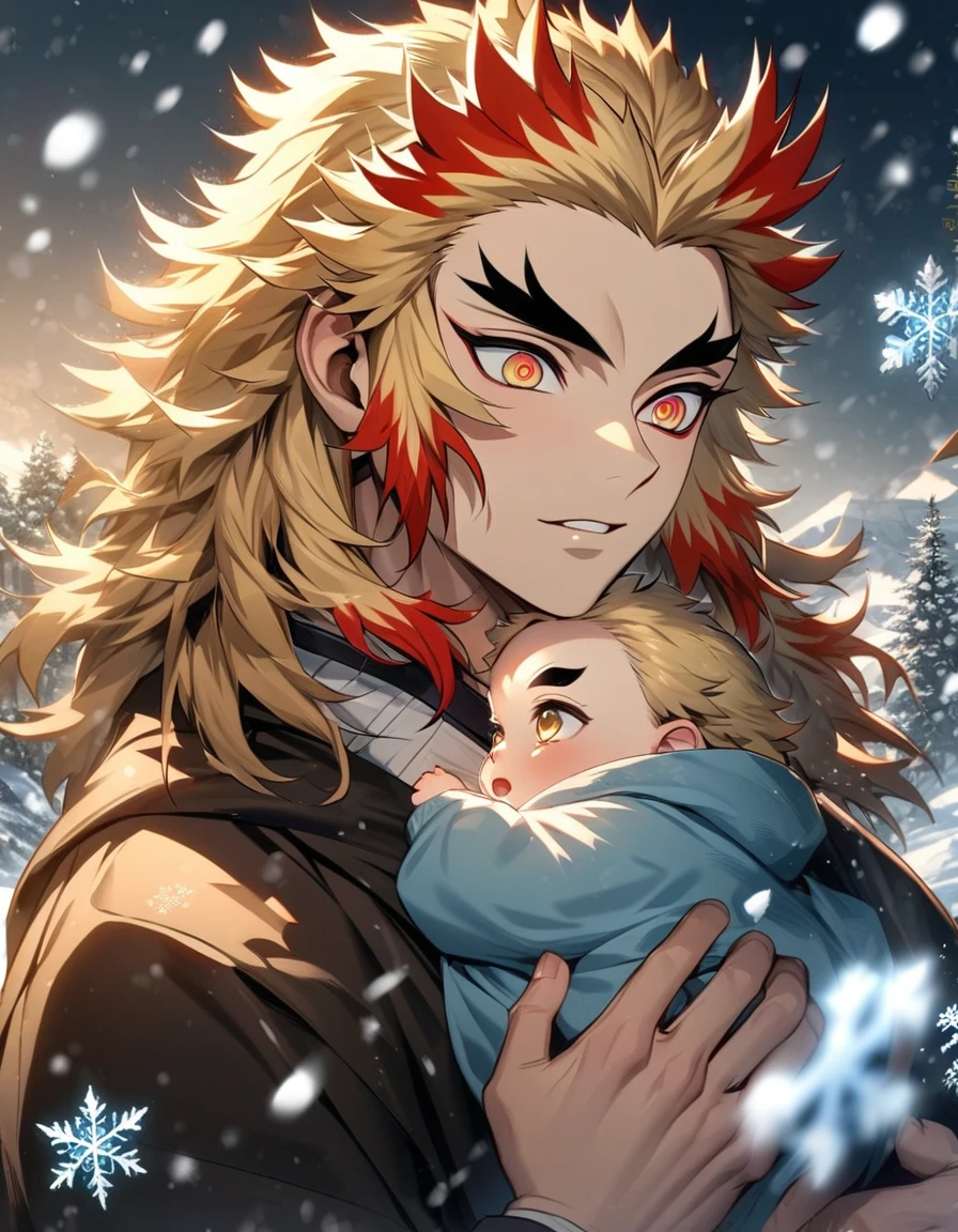 Ultra detailed, highres, absurdres, HDR, Rengoku Kyojuro, blond hair, golden eyes, Kimetsu No Yaiba, snowflakes, snowing, ice, winter, 1 man, handsome, butterflies, holding a cute baby boy,