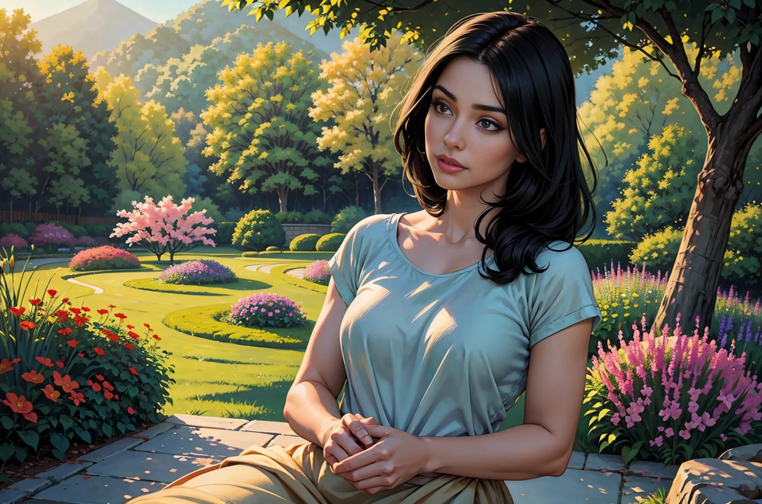 (best quality:1.2, realistic:1.37), extremely detailed eyes, extremely detailed lips, glossy black hair, short hairstyle, simple t-shirt, cozy ambience, soft lighting, tranquil ambiance, full body view, oil painting, delicate brushstrokes, vibrant colors, natural scenery, blooming flowers, green garden, peaceful atmosphere, gentle breeze, sunny day, beautiful surroundings, harmonious composition, blissful expression