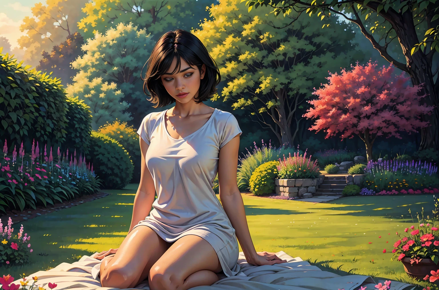 (best quality:1.2, realistic:1.37), extremely detailed eyes, extremely detailed lips, glossy black hair, short hairstyle, simple t-shirt, cozy ambience, soft lighting, tranquil ambiance, full body view, oil painting, delicate brushstrokes, vibrant colors, natural scenery, blooming flowers, green garden, peaceful atmosphere, gentle breeze, sunny day, beautiful surroundings, harmonious composition, blissful expression