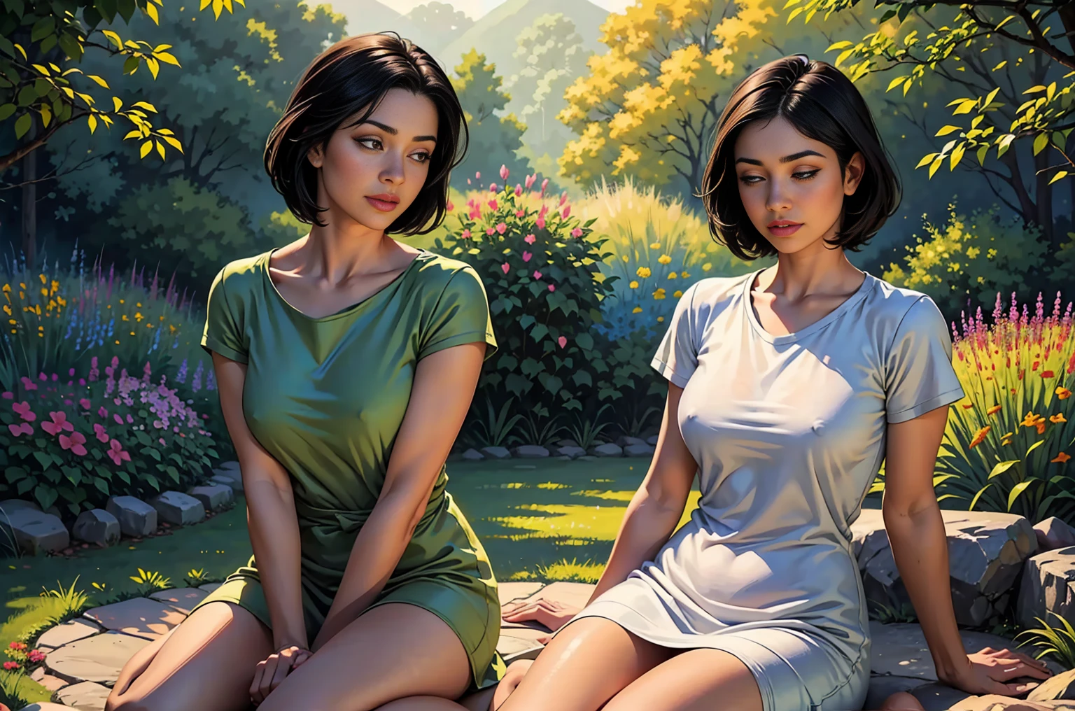 (best quality:1.2, realistic:1.37), extremely detailed eyes, extremely detailed lips, glossy black hair, short hairstyle, simple t-shirt, cozy ambience, soft lighting, tranquil ambiance, full body view, oil painting, delicate brushstrokes, vibrant colors, natural scenery, blooming flowers, green garden, peaceful atmosphere, gentle breeze, sunny day, beautiful surroundings, harmonious composition, blissful expression