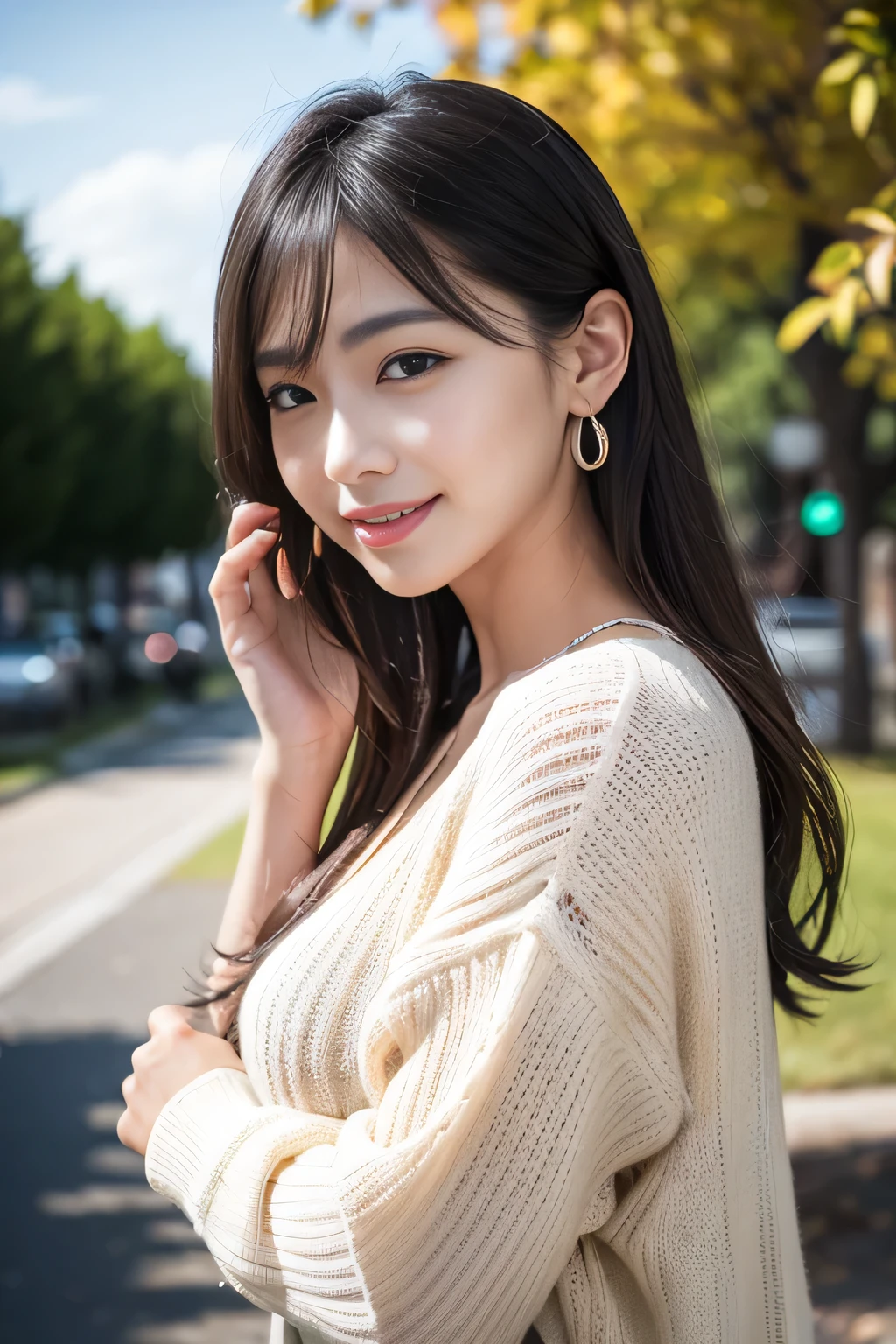 (8k,RAW Photos、RAW Photos、highest quality、Master Masterpiece:1.2)、Ultra-detailed、Super Resolution、(Photorealistic:1.3)、Frontal shooting angle、Clearly depict the shadows of light、High resolution RAW color photos、Professional photography、Same skin type as humans、Japan female proofreading from head to waist、Blur the background、Drawing faithful to anatomy、Very detailed and beautiful、Ultra HD、length、Her hair is swinging and sexy、Very detailed beautiful girl、(Pink Eyeshadow)、smile、Private Server、Go to the park on a sunny day、loosely curled hair、sweater、wave hands、Earrings、