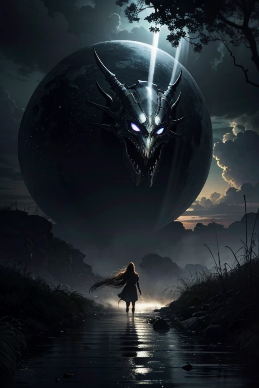 (High resolution,realistic,sharp focus),Humanoid alien creature with a vertically split face forming a mouth shape,beautiful woman like predatory creature,Alien/monster hybrid,scary hunter,[cosmic,extraterrestrial] There is organic matter,otherworldly predator,beyond life,short platinum hair,shining eyes,intense sight,[elegant,grace],enchanting facial features,[sharp,pointed,elongated] teeth,[toxic,toxic] tooth,intense,enchanting smile,Smooth yet muscular body,[curve,shape] There is a woman like,[grace,Towering],Alien skin texture resembling iridescent scales,[ethereal,luminescent] shine,[Evil,Unlucky] aura,Slurping,bipedal walking,[tranquility,predatory] enchanting footsteps,hypnotic dance,[spooky,Unforgettable] graceful,contrasting colors,[darkness,Shadow] hug a living thing,Dystopian background landscape,[cosmic,Milky Way] background, celestial bodies,pulsating clouds,[extraterrestrial,surreal] vegetation,rays of ethereal light [filtering,caress] scene,dramatic chiaroscuro lighting,penetrating the darkness,Create an intimate yet frightening atmosphere.