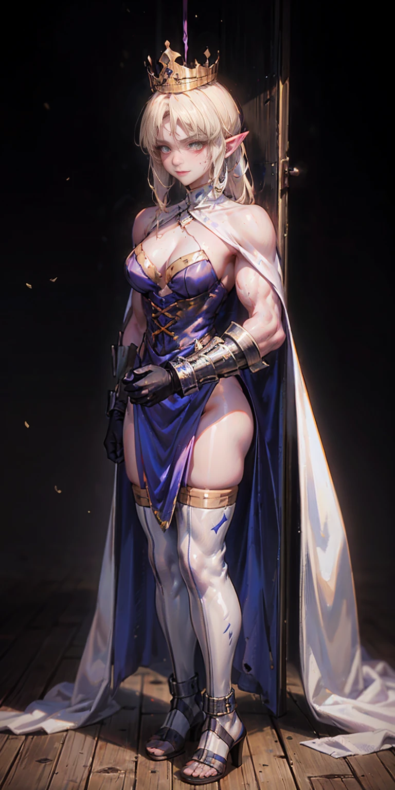 extremely long hair, ponytail, perfect anatomy 1 girl tall solo, slim thick, ((muscular)) high elf toned body, silver breast plate, blue cape, slender abs, hourglass waist, detailed face, defined cheekbones, puffy lips, gauntlets, gold crown, shadow over eyes, looking at viewer, masterpiece, white thigh highs lingerie, lustful smirking smile face red blushed red cheeks, 2 high heels feet together, full body bondage latex girl (black background) standing by wooden pole bondage, shibari, bondage, bdsm, rope, gag, ball_gag, phSaber, phAltoria, phAlter