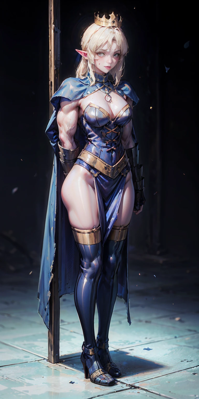 extremely long hair, ponytail, perfect anatomy 1 girl tall solo, slim thick, ((muscular)) high elf toned body, silver breast plate, blue cape, slender abs, hourglass waist, detailed face, defined cheekbones, puffy lips, gauntlets, gold crown, shadow over eyes, looking at viewer, masterpiece, white thigh highs lingerie, lustful smirking smile face red blushed red cheeks, 2 high heels feet together, full body bondage latex girl (black background) standing by wooden pole bondage, shibari, bondage, bdsm, rope, gag, ball_gag, phSaber, phAltoria, phAlter