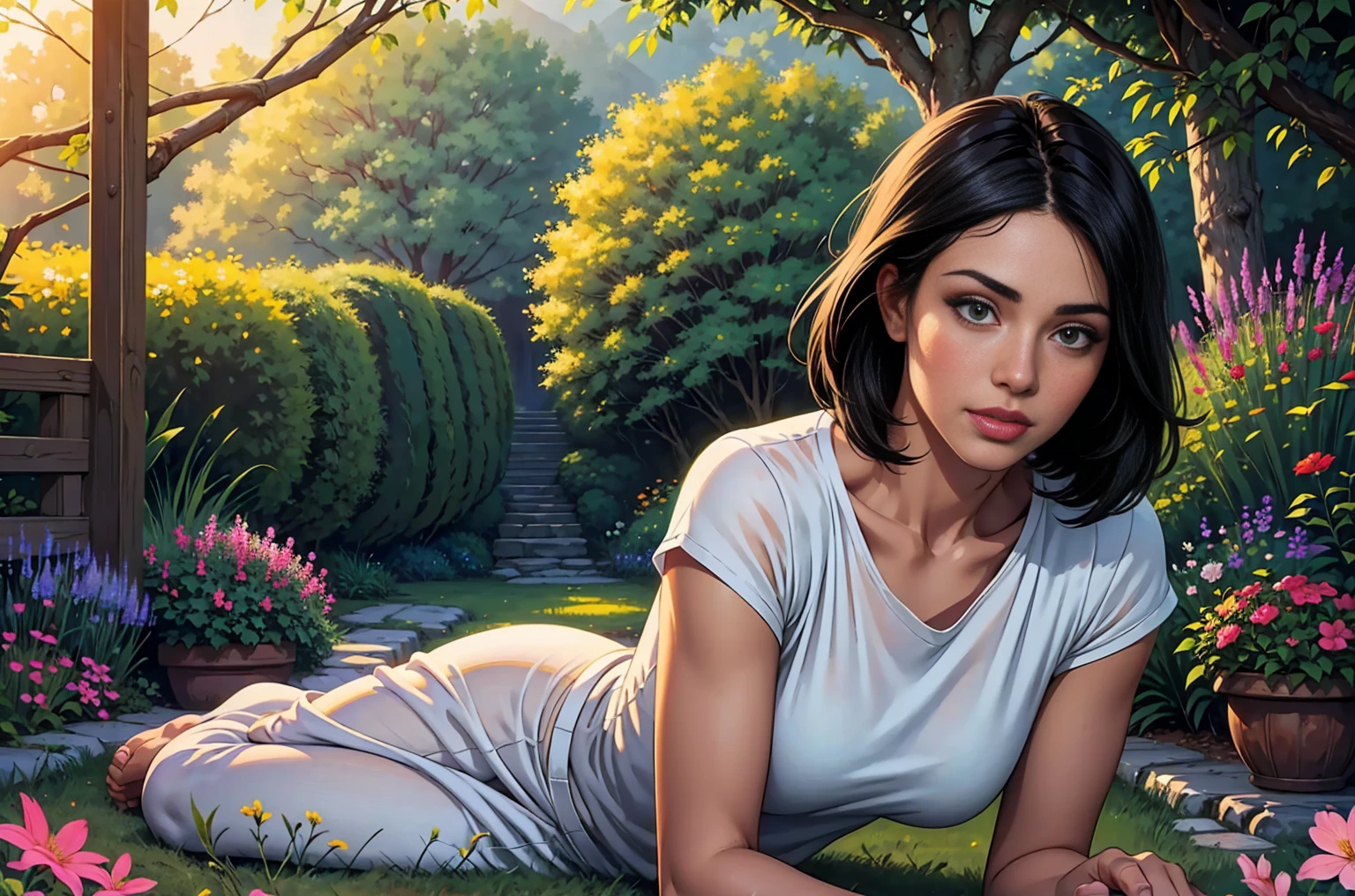 (best quality:1.2, realistic:1.37), extremely detailed eyes, extremely detailed lips, glossy black hair, short hairstyle, simple t-shirt, cozy ambience, soft lighting, tranquil ambiance, full body view, oil painting, delicate brushstrokes, vibrant colors, natural scenery, blooming flowers, green garden, peaceful atmosphere, gentle breeze, sunny day, beautiful surroundings, harmonious composition, blissful expression