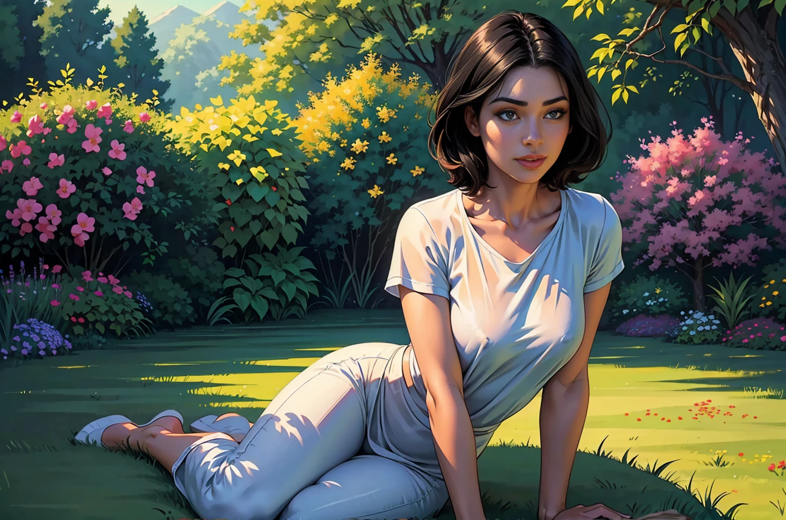 (best quality:1.2, realistic:1.37), extremely detailed eyes, extremely detailed lips, glossy black hair, short hairstyle, simple t-shirt, cozy ambience, soft lighting, tranquil ambiance, full body view, oil painting, delicate brushstrokes, vibrant colors, natural scenery, blooming flowers, green garden, peaceful atmosphere, gentle breeze, sunny day, beautiful surroundings, harmonious composition, blissful expression