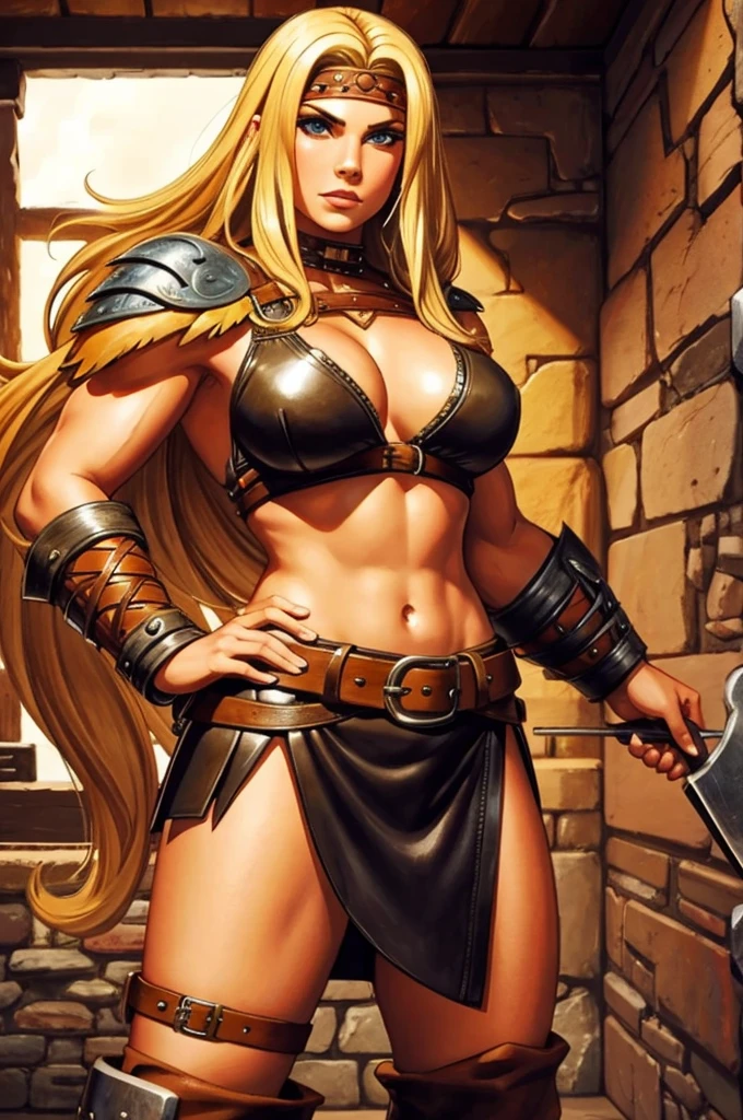 Female barbarian, red hair, leather skirt