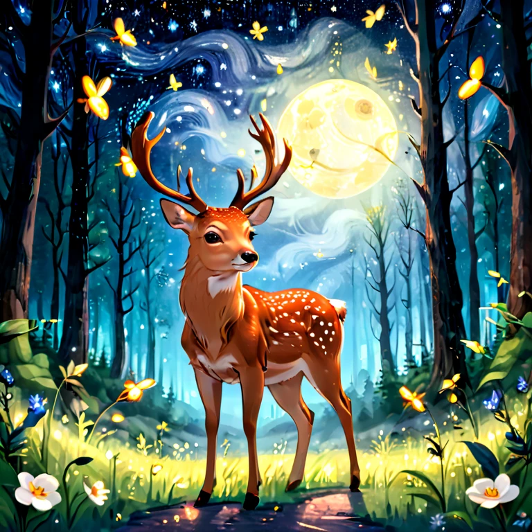 A deer on a starry night in the forest with fireflies.