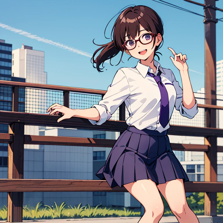 masterpiece,high quality,alone,Outdoor,
View your viewers,smile,Open your mouth,
Kimiko Higuchi,One girl,
Short Ponytail,Low Ponytail,Medium Hair,brown hair,Blunt bangs,Glasses,Side Lock,Purple eyes,
,Collared shirt,tie,
Pleated skirt, kneeshot,