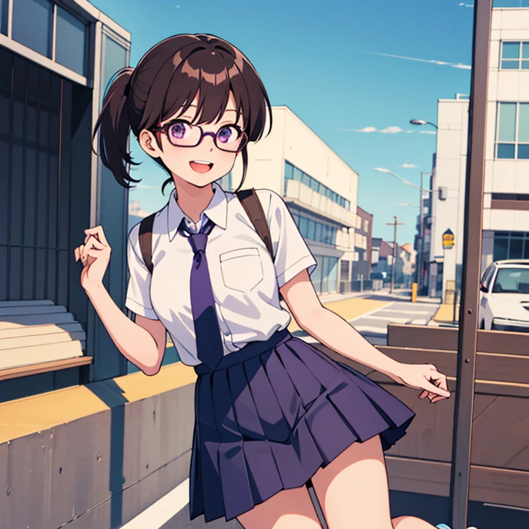 masterpiece,high quality,alone,Outdoor,
View your viewers,smile,Open your mouth,
Kimiko Higuchi,One girl,
Short Ponytail,Low Ponytail,Medium Hair,brown hair,Blunt bangs,Glasses,Side Lock,Purple eyes,
,Collared shirt,tie,
Pleated skirt, kneeshot,