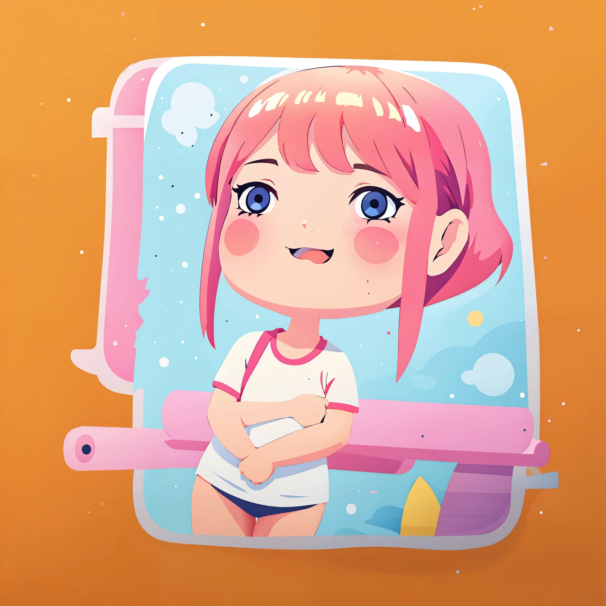 1 girl, solo, Ichika nakano, nakano_ichika, short silky pink hair,, beautiful, masterpiece, best quality, ichika nakano, short pink hair, blue eyes, 1 sticker, sticker, white background, no background, background, minimal, cute, tiny, pastel color, vector style, no gradient, simple stickers, teasing smile, cute expression