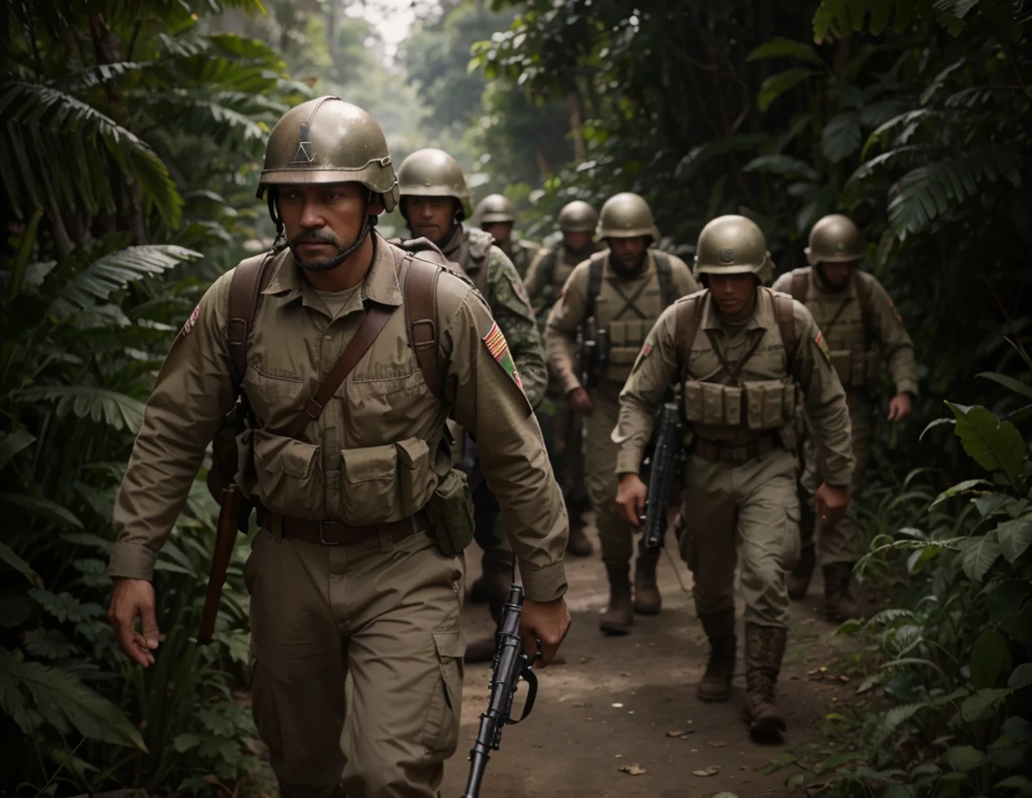 long line of guerrilla soldiers walking along the edge of the jungle, Mexican face, wearing light brown Soviet style uniform, metal helmet, Soviet assault rifle, aerial view, 4k, Ultra detailed image, realistic, Highly detailed, perfect composition, splendid, Intricately detailed , Incredibly detailed, 8k fine art photography, hyper detailed, Masterpiece, Ultra detailed, Hyper realistic, 4k, Ultra detailed image, realistic, highly detailed, perfect composition, splendid, intricately detailed, incredibly detailed, 8K fine art photography, hyper detailed , masterpiece.