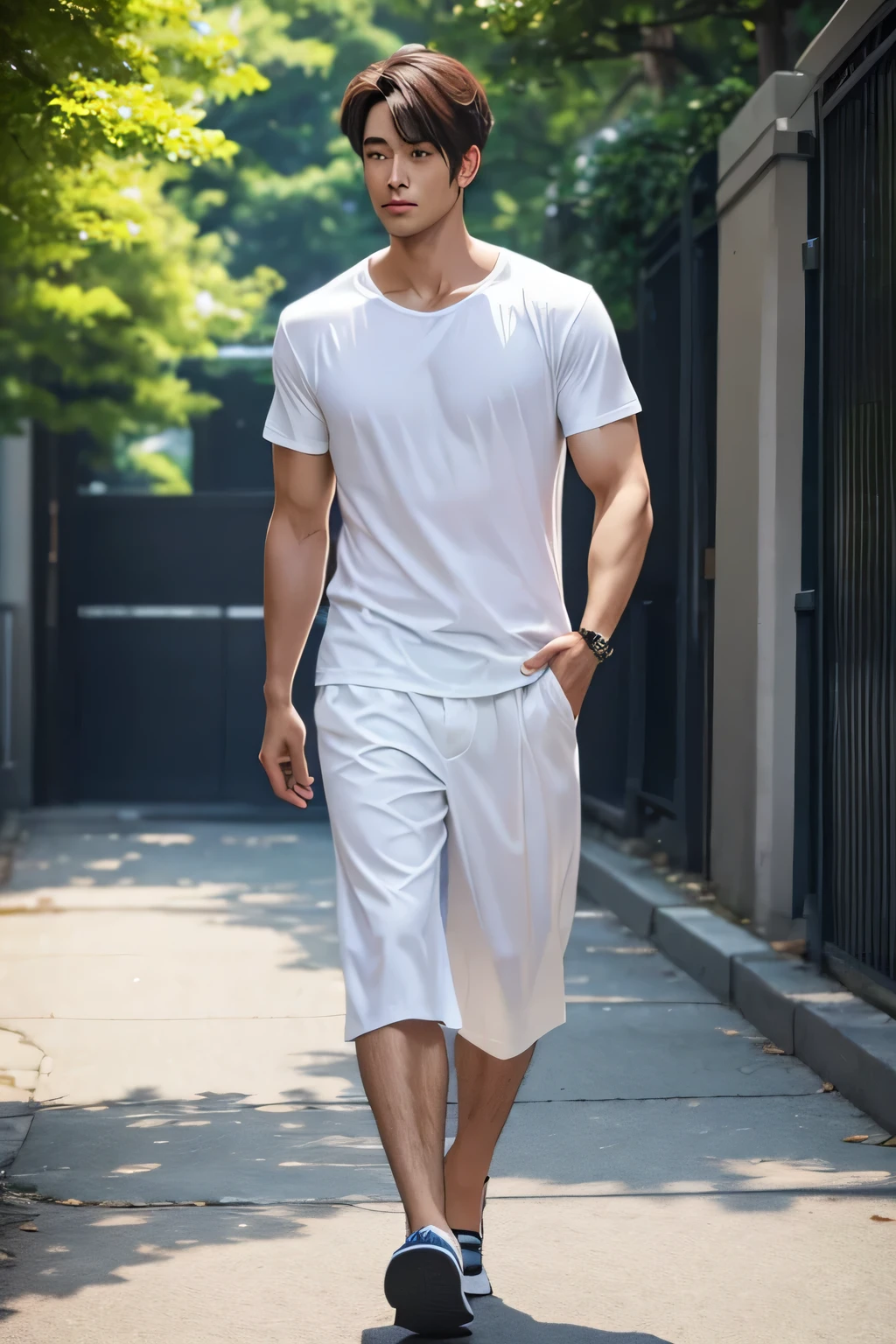 A man walks towards me。Handsome、Photorealistic、Midsummer、A man is wearing a short-sleeved white t-shirt