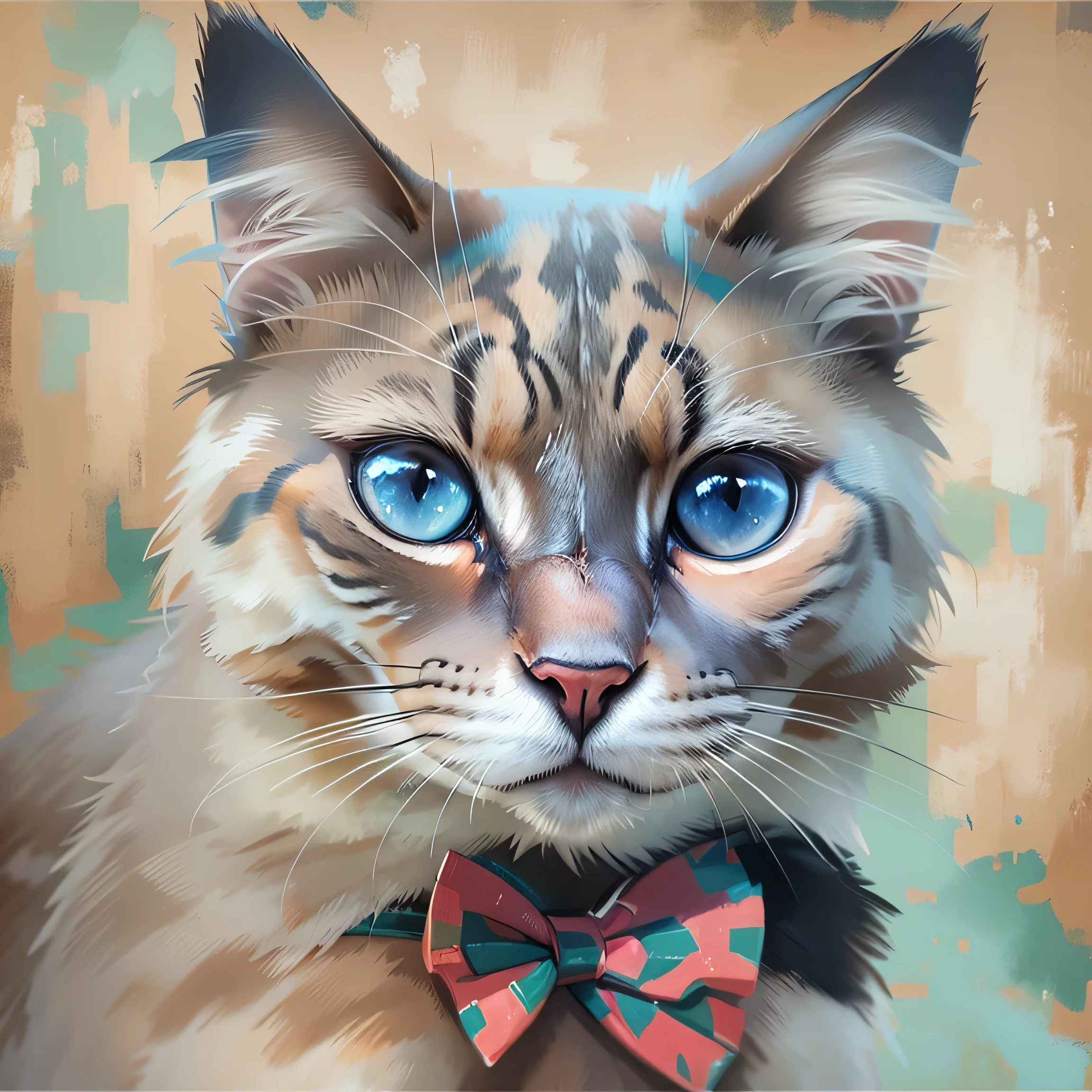 painting of a Cat with a blue bow tie on, Cat portrait, adorable Digital Painting, elegant Cat, Cat portrait painting, Cat. Digital Painting, in a painting of a Cat, portrait of a Cat, oil painting style, oil painting of Cat, a painting of a Cat, painting of a Cat, High-quality portraits, high quality Digital Painting