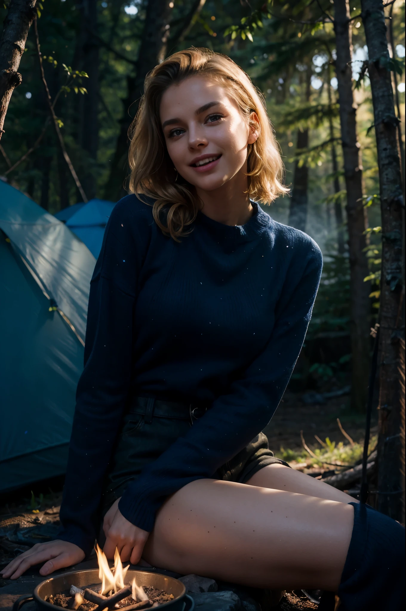 masterpiece, best quality, extremely detailed, hyperrealistic, photorealistic, a beautiful 20s french model, in the night:1.2, warm hue, warm tone, blue sweater:1.2, with stars and milky way trails:1.1, sitting near campfire, in forest, real steam visible, smoke, shadows, tent, ultra detailed face, forehead, blonde hair, pale skin, busty breasts, laughing, dynamic pose
