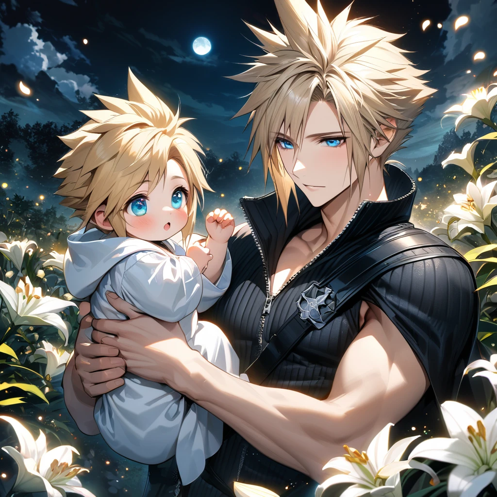 absurdres, highres, ultra detailed, HDR, master piece, best quality, Cloud Strife, blond hair, expressive blue eyes, final fantasy advent children, 1man, holding a baby, handsome, petals, white lilies, moon, fireflies