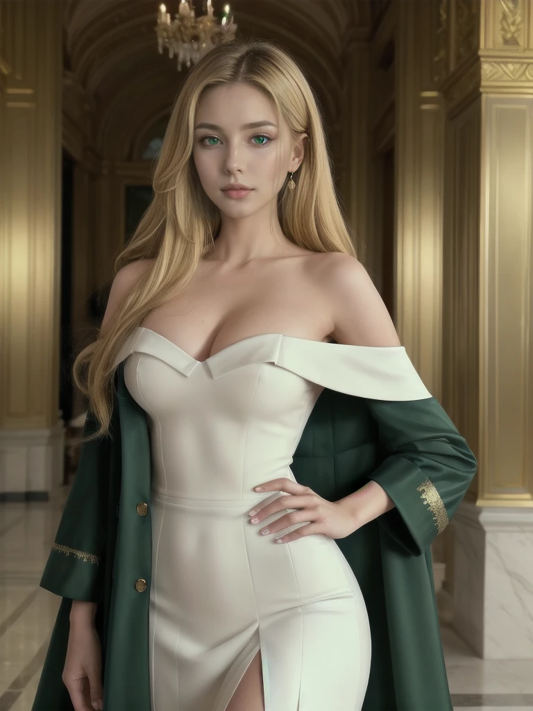 A beautiful European-Mexican businesswoman, 29 years old, (hip-length golden blonde hair, emerald green eyes, white Mediterranean tabby skin,), /(Fitted, off-the-shoulder, fitted, full-length dress for the office, with short black pleated skirt and gold lines, classic dark blue double-breasted coat), /(perfectly detailed triangular face, beautiful perfect detailed eyes, thin lips, tapered hands and long thin detailed fingers, hourglass shaped athletic body, shapely legs, wide hips, small waist, sexy, perfect high detailed hands, perfect high detailed fingers, beautiful face, high detailed perfect eyes, perfect detailed beautiful full body, detailed symmetric realistic face, extremely detailed natural skin texture,) masterpiece, absurdres, nikon d850 film stock photograph, kodak portra 400 camera f1.6 lens, extremely detailed, amazing, fine detail, rich colors, hyper realistic lifelike texture, dramatic lighting, cinestill 800 tungsten, raw photo, high quality, highres, sharp focus, extremely detailed, cinematic lighting, 8k uhd