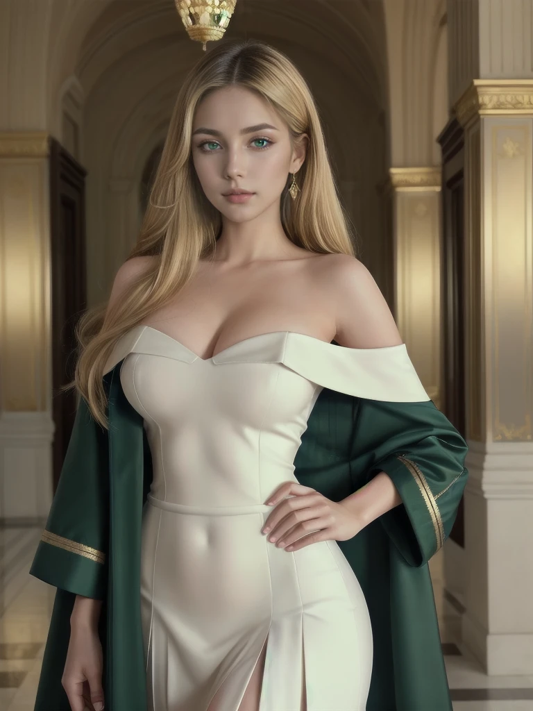 A beautiful European-Mexican businesswoman, 29 years old, (hip-length golden blonde hair, emerald green eyes, white Mediterranean tabby skin,), /(Fitted, off-the-shoulder, fitted, full-length dress for the office, with short black pleated skirt and gold lines, classic dark blue double-breasted coat), /(perfectly detailed triangular face, beautiful perfect detailed eyes, thin lips, tapered hands and long thin detailed fingers, hourglass shaped athletic body, shapely legs, wide hips, small waist, sexy, perfect high detailed hands, perfect high detailed fingers, beautiful face, high detailed perfect eyes, perfect detailed beautiful full body, detailed symmetric realistic face, extremely detailed natural skin texture,) masterpiece, absurdres, nikon d850 film stock photograph, kodak portra 400 camera f1.6 lens, extremely detailed, amazing, fine detail, rich colors, hyper realistic lifelike texture, dramatic lighting, cinestill 800 tungsten, raw photo, high quality, highres, sharp focus, extremely detailed, cinematic lighting, 8k uhd