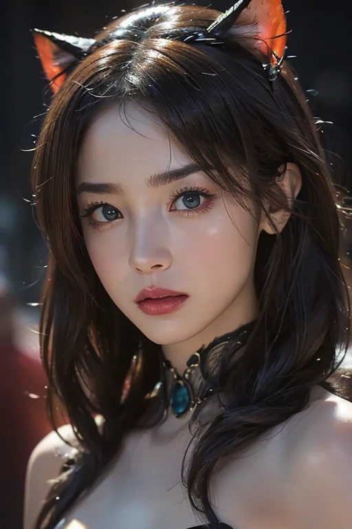 Rough Craft'S Worldから来た女性のエイリアン, highly detailed artistic photography, midnight aura, Night Sky, Detailed gorgeous face, dream-like, Shine, Backlit, Glamour, Sparkling, (very detailed face and eyes:1.2), (High resolutionの光る赤い目:1.4), Perfect Anatomy, (A beautiful, toned body:1.5), (Moisturized Skin:1.2), No makeup, (Cat:1.1),(Thick eyebrows:1.2), Long canines. Smooth, extRa High resolution, 8K, Unreal Engine 5, Ultra-sharp focus, Art by Alberto Seveso, germ of art, Barbaric, SF, Complex芸術作品の傑作, evil, Matte Movie Poster with Image, Golden Ratio, Trending on CGsociety, Complex, wonderful, ArtStation Trends, author: germ of art, H. R. Giger and Beksinski, very detailed, Rough Craft'S World, Cthulhu, vibration, Draw a movie character, Ultra high quality model, Cinematic Quality, Detail up, (Complex details:1.2), High resolution, High resolution, draw faithfully, (Thick eyebrows:1.2), (Big scarlet eyes:1.3)