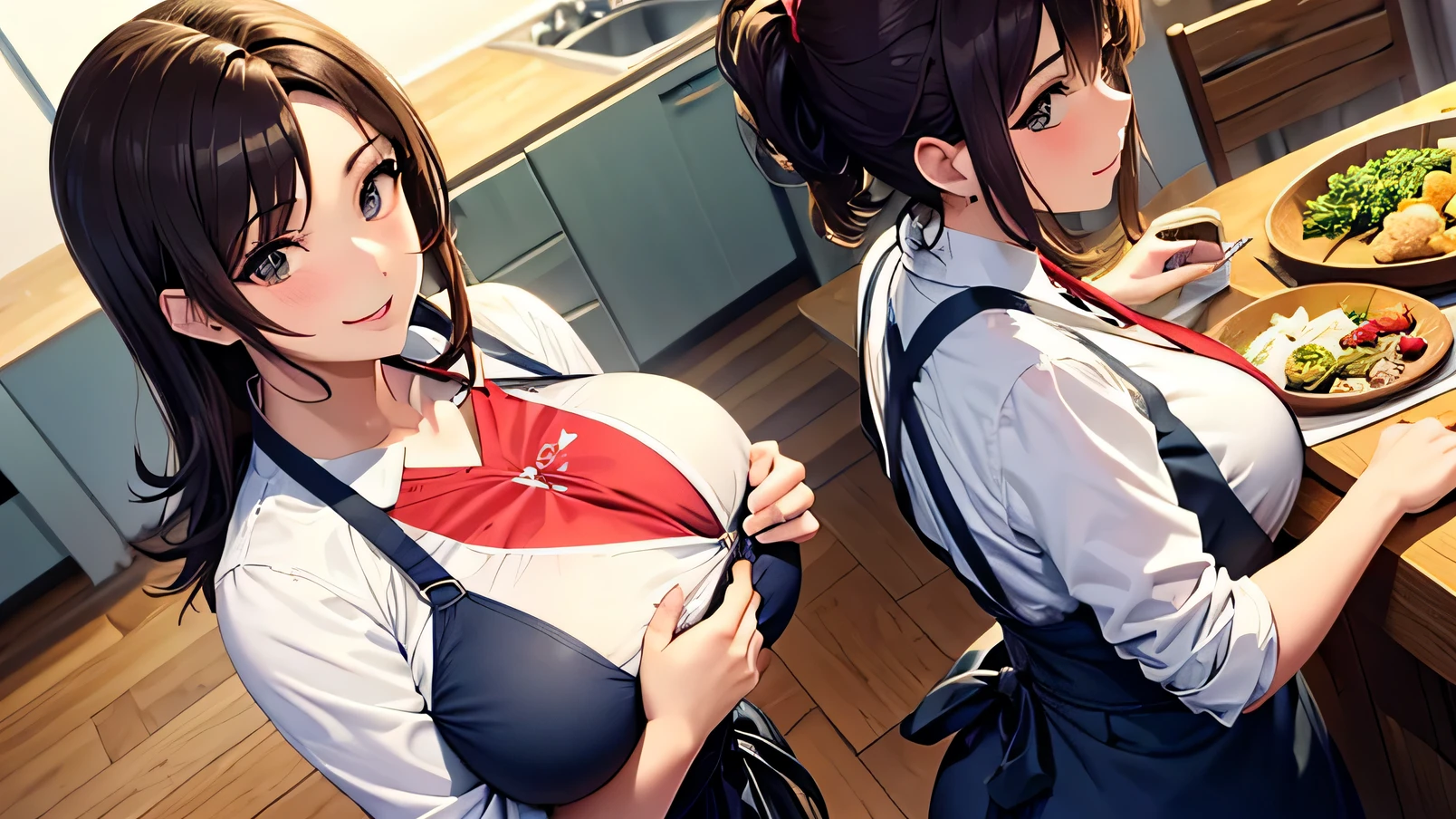 personaje anime style, A confident, curvy woman with a captivating smile, Cuerpo completo((manos finas y detalladas)), mostrando su figura y una cintura bien definida, culata, vista trasera, en una encantadora escena de cocina, where she takes the role of a skilled and stylish housewife , wearing a beautifully designed apron, Preparando perfectamente una deliciosa cena para impresionar a todos. manzanas en el fondo