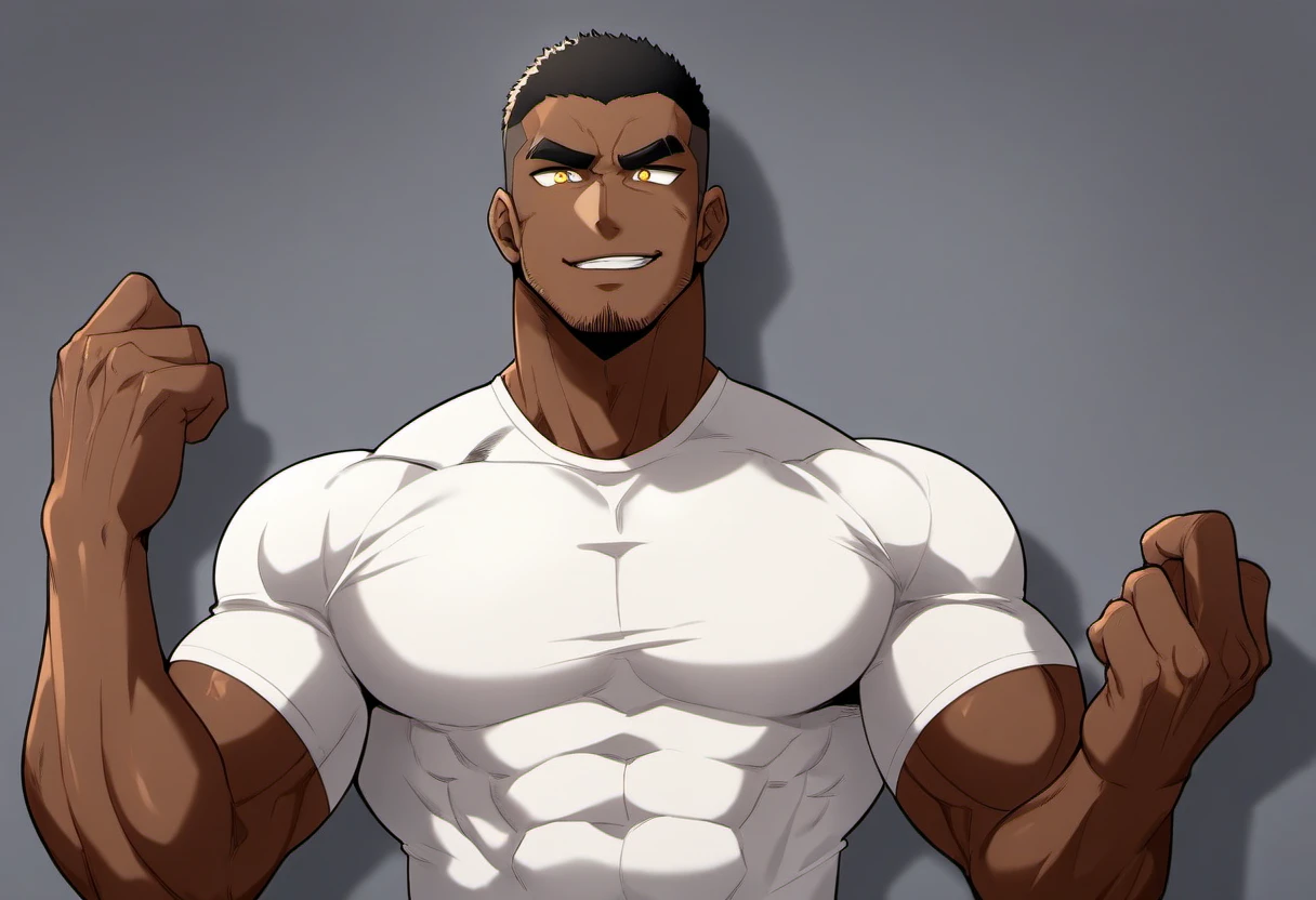 anime characters：Black man, Fitness coach, Dark black skin tone, His skin is pitch black., 1 muscular tough guy, Manliness, male focus, Cream Lycra T-shirt, Very tight, The pectoral muscles are oversized, Slightly transparent, muscular male, muscular, only, Upper body, alone, White short hair, Thick eyebrows, stubble, Yellow eyes, Grey background, simple background, amazing quality, best aesthetics, Ridiculous, bright pupils, crew cut, parted lips, seductive smile, torogao, naughty face, drop shadow, best quality