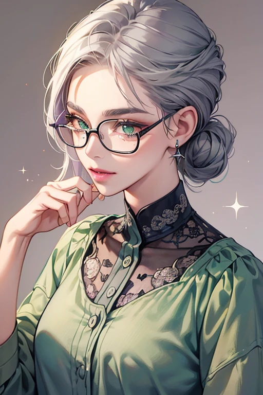 She is an faded shade of green and wears a lavender shirt. She has gray hair, and has glasses. She also has three moles on the back of her head. She has orange lips and a dead eye, which is shown by its gray color. SPARKLE; GLITTER