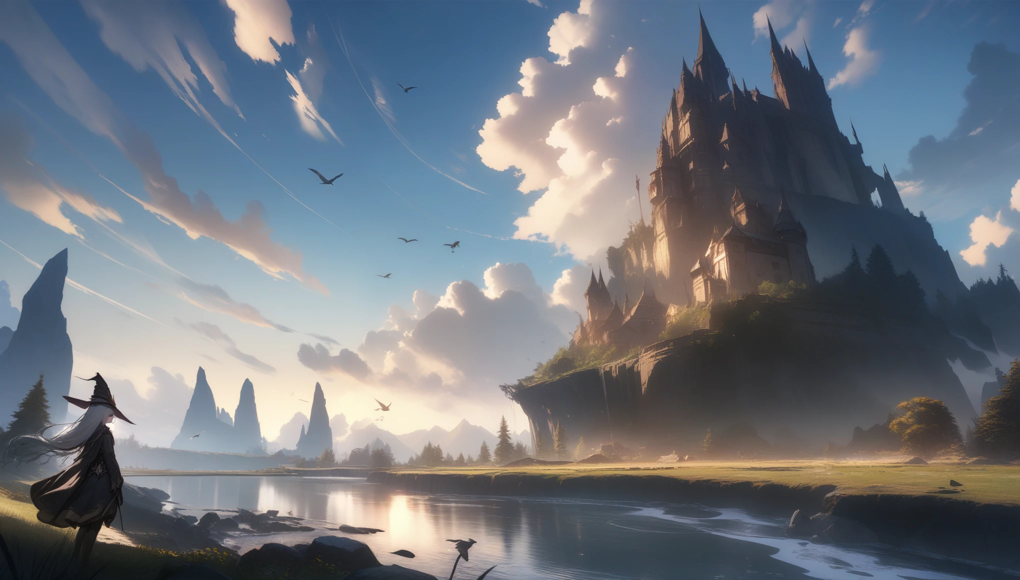 32k, best quality, ultra high res, HDR, UHD, extremely detailed CG, unity 32k wallpaper, highest quality, Very detailed, masterpiece, Super detailed, cloud, witch_Have, Have, 1 Girl, null, green_null,Day, length_hair, cloudy_null, moon,bird, alone, Silver_hair, witch, Outdoor,