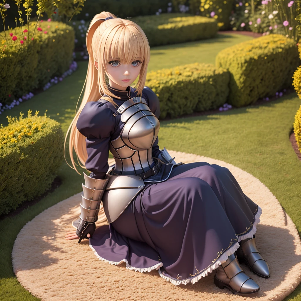 (masterpiece),(best quality),(ultra-detailed), (full body:1.2), cute, cubby, ponytail, full body, chibi,pvc,
best quality, phAltoria, 1girl, solo, dark armored dress, dark sword,dark gauntlets, (sitting on carpet), (in garden), hair between eyes, black dress, breastplate, black armor, bangs, french braid, parted lips, puffy sleeves, long sleeves, short hair,( (beautiful detailed face), (beautiful detailed eyes)