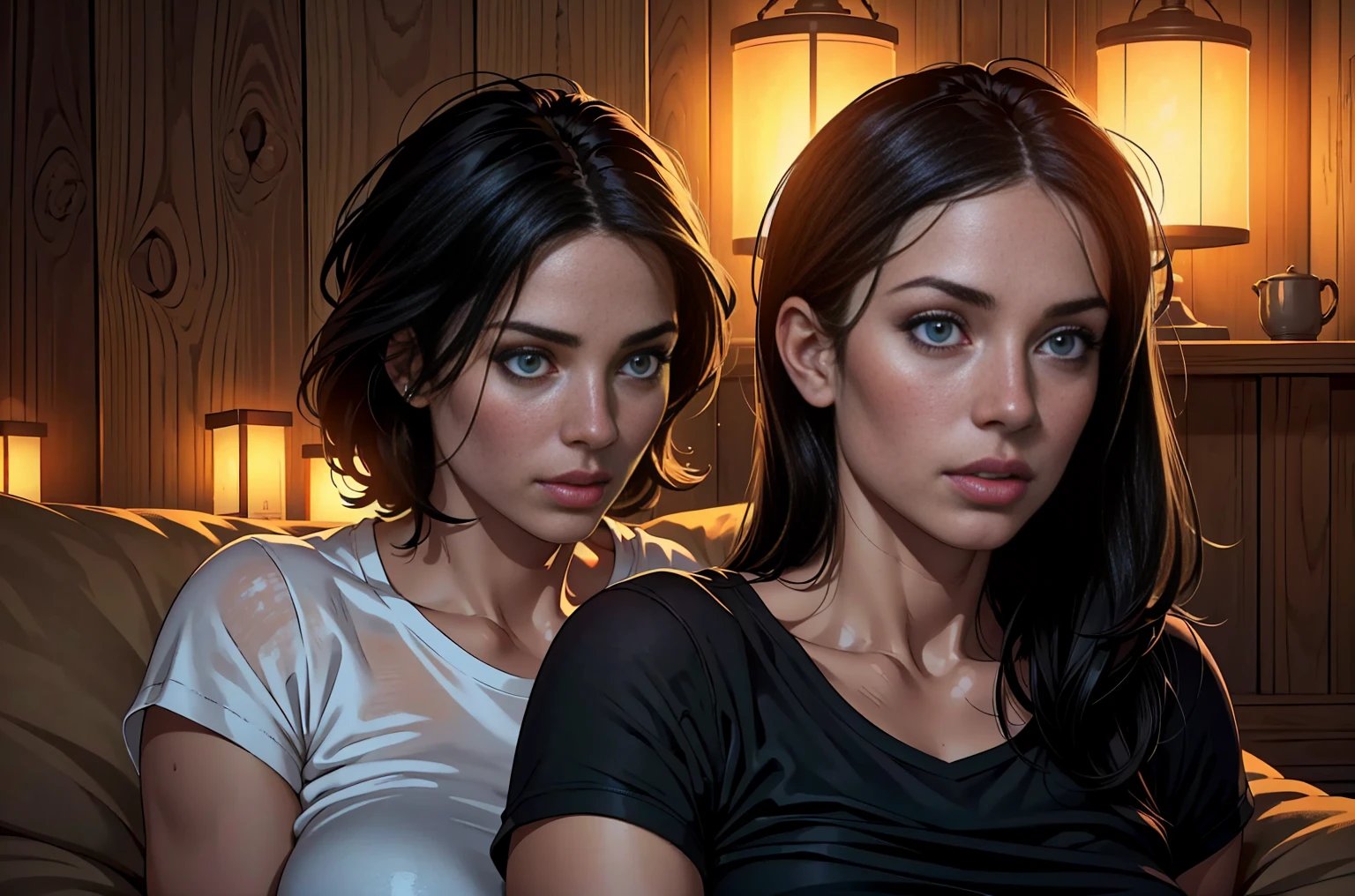 (best quality:1.2,realistic:1.37),(1 girl,40 years old),(detailed eyes),(detailed lips),(black hair),(short),(t-shirt),(cozy ambience),(soft lighting),(tranquil ambiance)